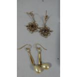 A Pair of Gold and Tear Drop Earrings Together with a Pair of Jewelled Earrings