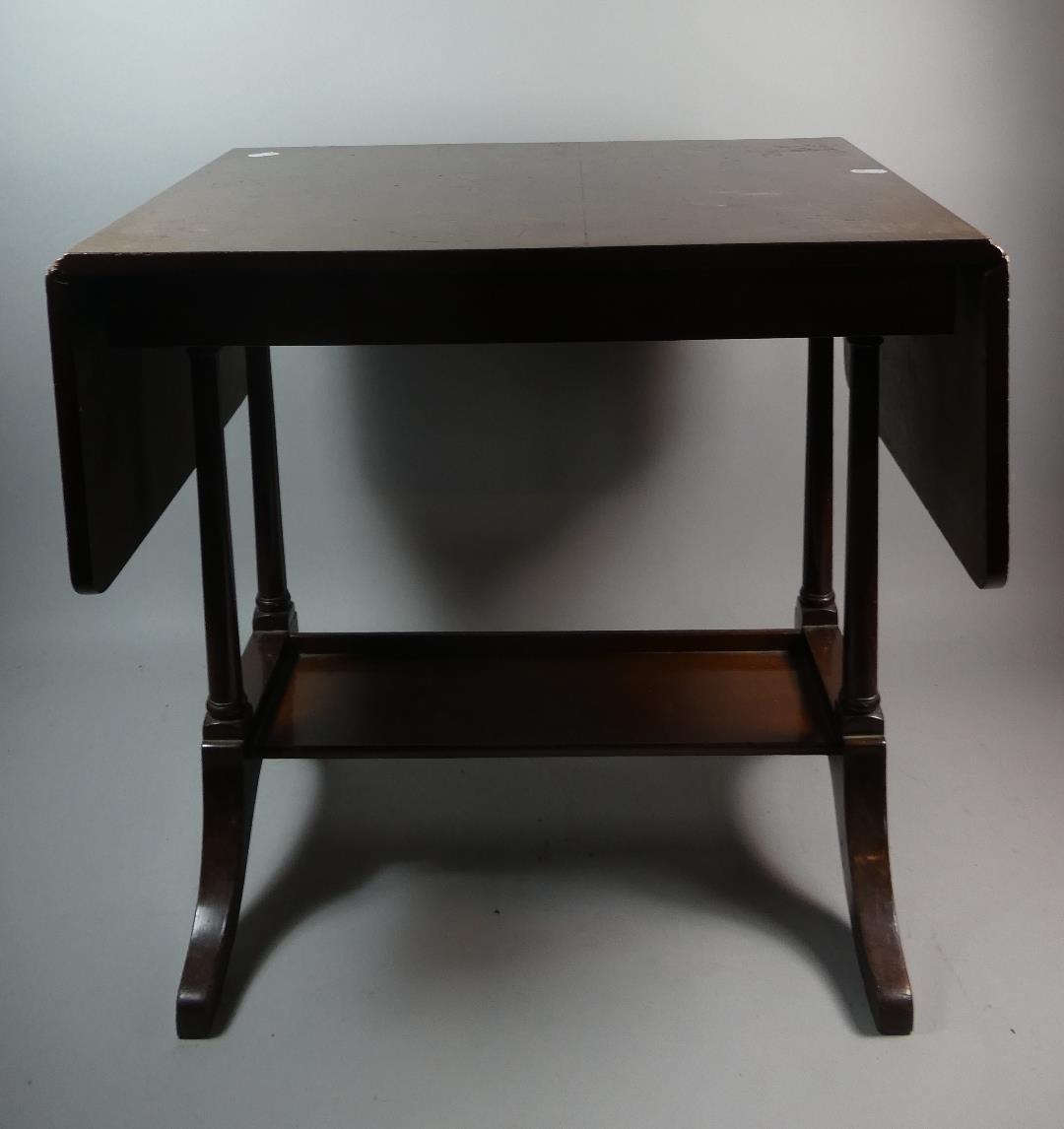 A Miod 20th Century Mahogany Drop Leaf Occasional Table with Stretcher Shelf and Turned Supports,