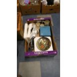 A Box Containing Various Decorated Plates, Commemorative Mugs etc