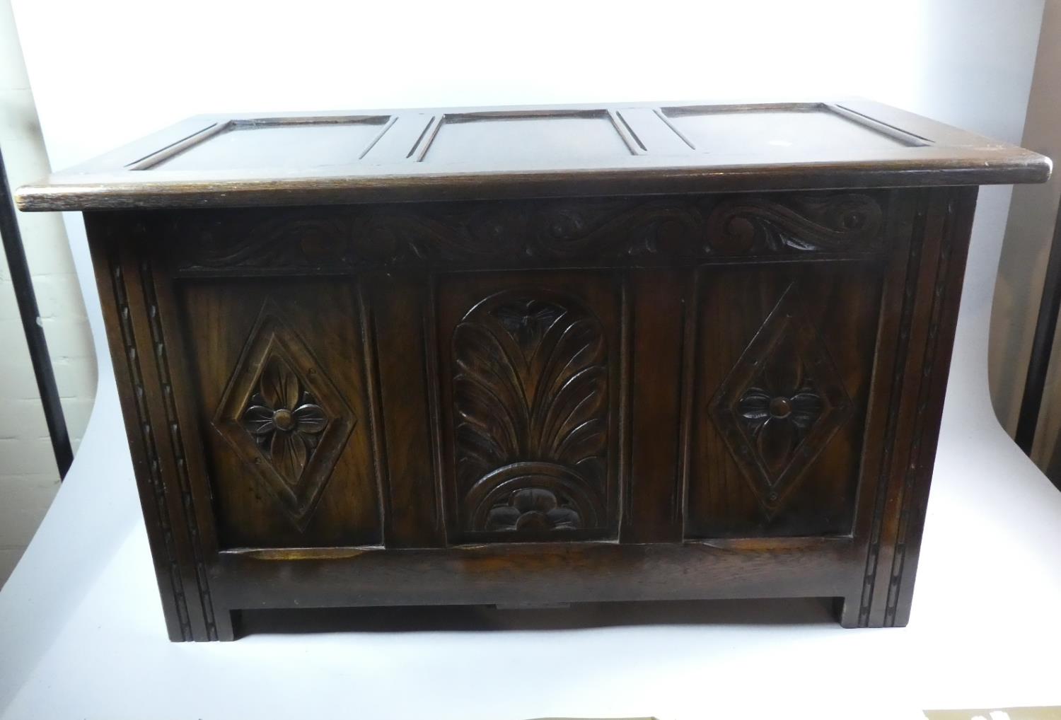 An Oak Three Panelled Coffer Chest with Hinged Lid, 84cm Wide