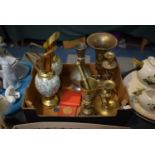 A Box Containing Various Brass and Bronze Wares to Include Vases, Candle Stick, Pestle and Mortar,