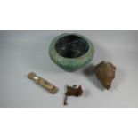 A Verdigris Brass Bowl Containing Cast Iron Counter Weight, Vintage Keys etc