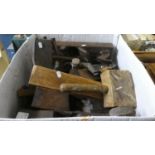 A Box Containing Vintage Jack Planes, Mallets, Moulding Planes