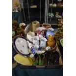 A Box of Various Decorated China to Include Coalport Cabinet Plate, Various Jugs and Vases, Boot