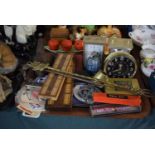 A Tray of Sundries to Include Novelty Grenade Table Lighter, Carriage and Alarm Clock, Cribbage