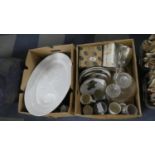 Two Boxes of Kitchen Wares to Include White Glazed Draining Meat Dish etc