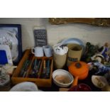 A Tray Containing Various Vintage Kitchen Wares to Include Cutlery, Utensil Pots, Le Creuset