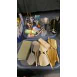 Two Trays Containing Dressing Table Mirrors and Brushes, Travel Perfume Set Together with Various
