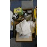 A Box of Sundries to Include Prints, Embroideries, Cutlery, Ship in a Bottle, Slide Projector etc