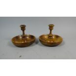 A Pair of Olive Wood Circular Brighton Bun Travelling Candlesticks, 12cm Diameter