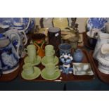 A Tray of Various Studio Pottery to Include Coffee Cans and Saucers, Vases, Cat Figure etc