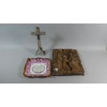 A Sunderland Lustre Religious Wall Plaque, Crucifix and Plaster Plaque Depicting Joseph, Mary and