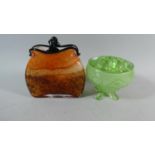 A Vintage Moulded Green Glass Rose Bowl and a Glass Vase in the Form of a Purse, 18cm High