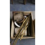 A Box of Vintage Sundries to Include Enamelled Ware, Folding Music Stand, Beekeepers Smoker etc