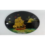 A Reverse Painted Glass Oval Wall Hanging Depicting Three Masted Sailing Ship, c.1950, 45cm Wide