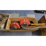 A Box Containing Wooden Formers, Aluminium Calipers, Measuring Rod Etc