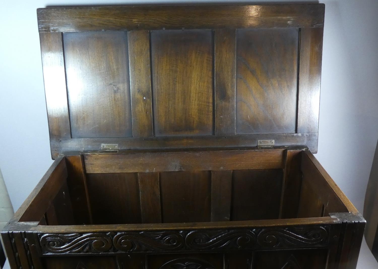 An Oak Three Panelled Coffer Chest with Hinged Lid, 84cm Wide - Image 2 of 2