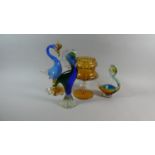 A Collection of Three Italian Bird Ornaments and an Amber Glass Vase, Tallest 29cm high