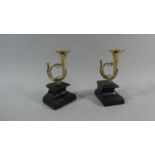 A Pair of Brass models of French Horns Mounted on Ebonised Plinths, 16.5cm High