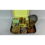 A 1950's Plastic Sewing Box and Contents, Pair of Oak Candle Sticks, Pewter Tray, Coronation