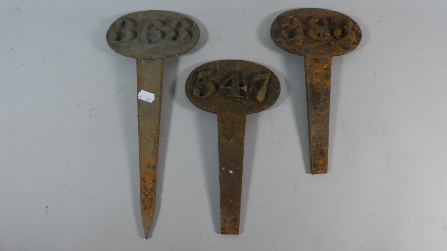 Three 19th Century Cast Iron Grave Marker Numbers 363. 383 amd 547, Each 27cm High