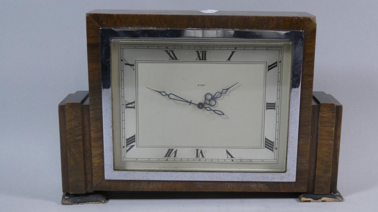 An Art Deco Walnut Cased Eight Day Mantle Clock, 27cm Wide