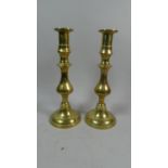 A Pair of Heavy Brass Candle Sticks, Missing Pushers, 28cm High