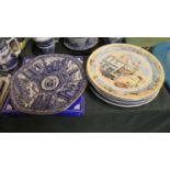 A Collection of Two Blue and White Ringtons Tea Decorated Plates and Six Masons, Wade and Burleigh