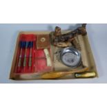 A Tray of Sundries to Include Five Corkscrews, Ladies Leather Purse, Silver Plated Dish Etc