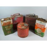 Two Vintage Metal Petrol Cans, Two Oil Cans and a Cylindrical Tin Container