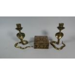 An Indian Niello Brass Box Together with a Pair of Brass Cobra Candle Sticks, 15cm High