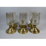 A Set of Six Brass Candle Sticks with Glass Shades, Each 27cm High