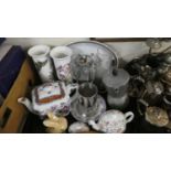 A Tray Containing Various Ceramics and Glassware Including Portmeirion Botanic Garden Vases,