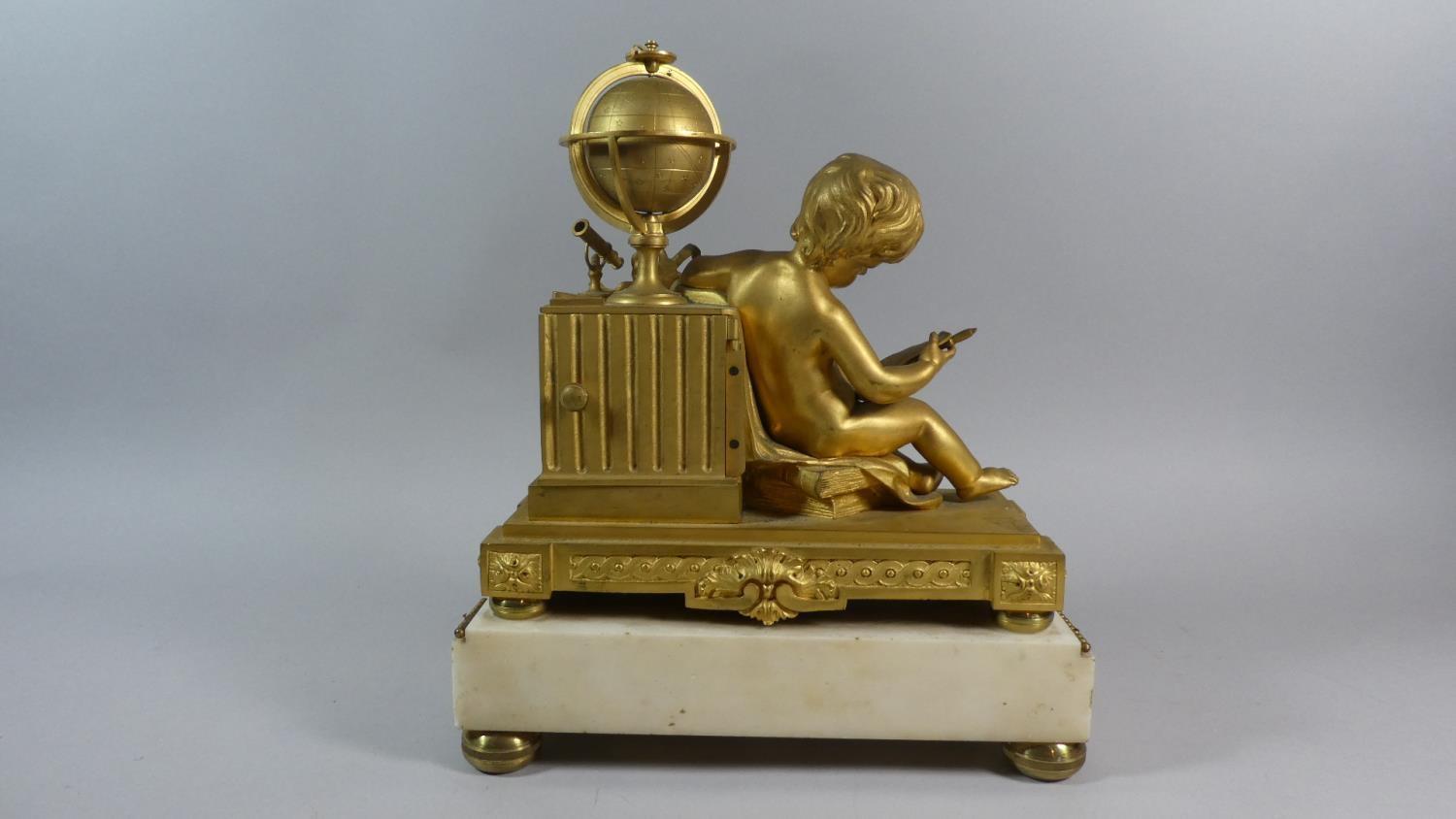 A Heavy French Ormolu and Gilt Brass on White Marble Figural Mantel Clock with Barrel Movement - Image 3 of 4