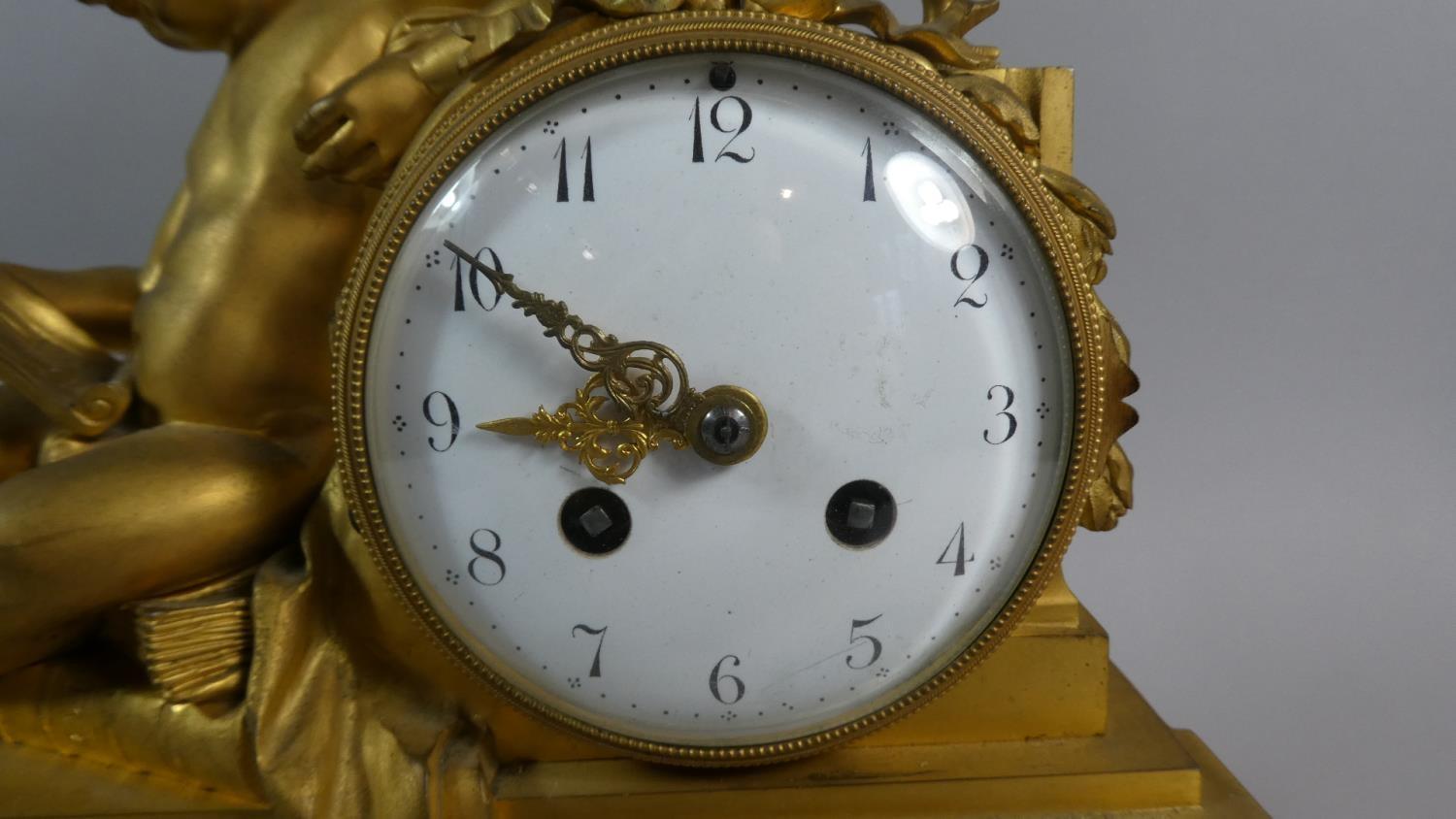 A Heavy French Ormolu and Gilt Brass on White Marble Figural Mantel Clock with Barrel Movement - Image 2 of 4