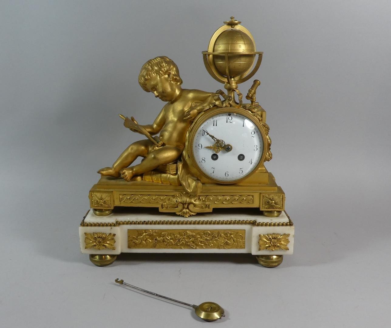 A Heavy French Ormolu and Gilt Brass on White Marble Figural Mantel Clock with Barrel Movement