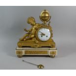 A Heavy French Ormolu and Gilt Brass on White Marble Figural Mantel Clock with Barrel Movement