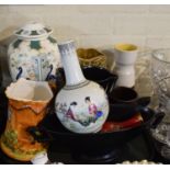 A Tray Containing Oriental Vase and Ceramic Table Lamp Base, Cottage Ware Jug, Various Vases and