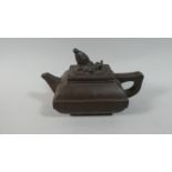 A Chinese Yixing Teapot of Rectangular Form with Fish Finial to Lid. Impressed Mark to Base.