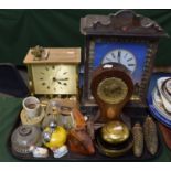 A Tray of Sundries to Include Three Mantle Clocks, Two Cuckoo Clock Weights, Scent Bottles etc