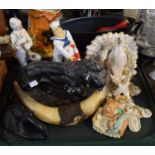 A Tray Containing Animal and Figural Ornaments, Bird Ceramic Wall Sconce etc