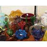 A Tray of Coloured Glassware to Include Vases, Basket, Carnival Bowls etc