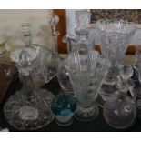 A Tray of Glassware to Include Ships Decanter with Port Label, Carafes and Other Decanters, Vases