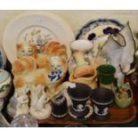 A Tray of Various Ceramics to Include Black Wedgwood Jasperware, Squirrel Spill Vases, Dog