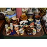 A Tray Containing Various Miniature Character Jugs, Lager Steins, Biscuit Barrel etc