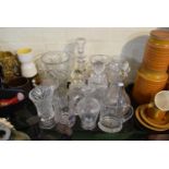 A Tray of Cut and Moulded Glassware to Include Decanters, Tankards, Vases etc