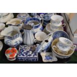 A Tray of Blue and China to Include Jugs, Cow Creamer, Richmond Blue Rock Teawares etc