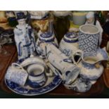 A Tray of Blue and White Ceramics to Include Ginger Jars, Chinese Gods Fu, Lu, and Shou, Jugs, Gravy
