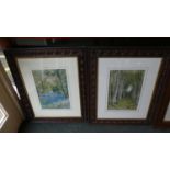 A Pair of Carved Wooden Framed Prints, Bluebell Wood and Silver Birches