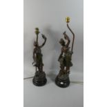 A Collection of Three French Spelter Figural Table Lamps with Shades, the Tallest 60cm High